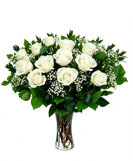 Dozen White Roses in a Vase 
