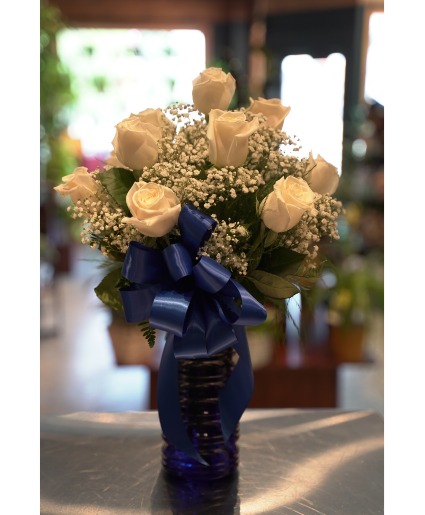 White Roses & Baby's Breath Deep Blue Vase & Ribbon