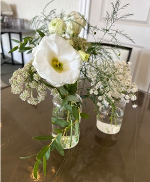 White Roses & Green Bud Vases  Centerpiece