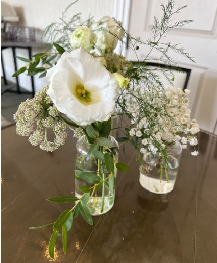 White Roses & Green Bud Vases  Centerpiece