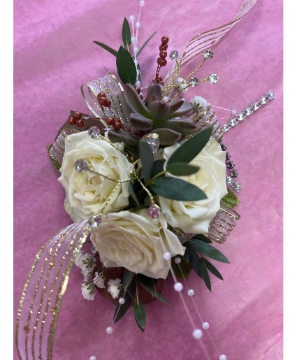 White Roses & Succulent Corsage Wrist Corsage