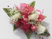 White Roses with Hot Pink Ribbon & Rhinestones  