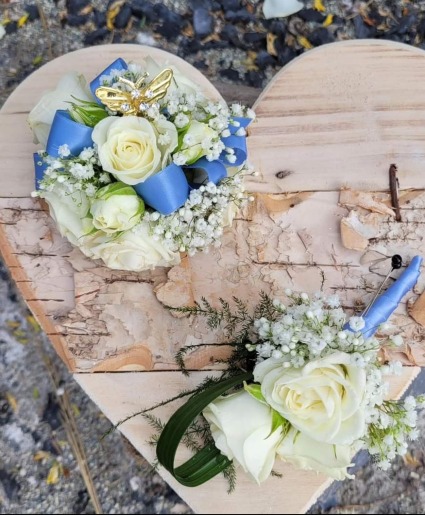 White Roses With Light Blue Accents 