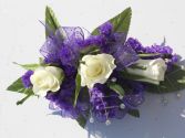 White Roses with Purple Ribbon & Rhinestones  
