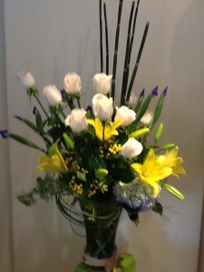 white roses yellow lilies vase in Houston, TX | Village Greenery & Flowers
