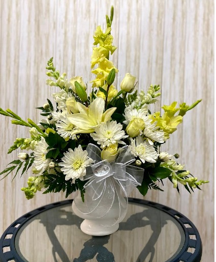 White Sincere Sentiments  Sympathy Pedestal Arrangement