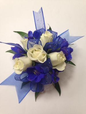 White Spray Rose and Delphinium Wrist Corsage 