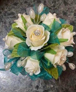 white spray rose and teal victorian wristlet 