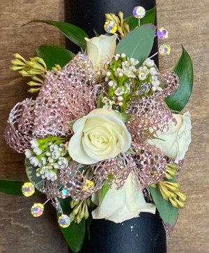 White Spray Rose with Pink Sparkle Ribbon Wrist Corsage
