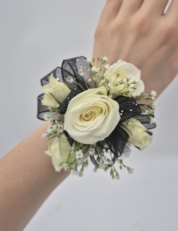 White spray rose wrist corsage  in Silverton, OR | Julie's Flower Boutique
