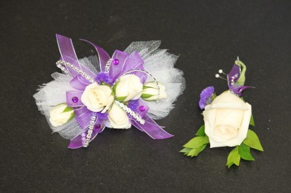 White Spray Roses & Boutonniere Purple & Silver Accents
