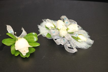 White Spray Roses & Boutonniere Silver & Light Blue Accents