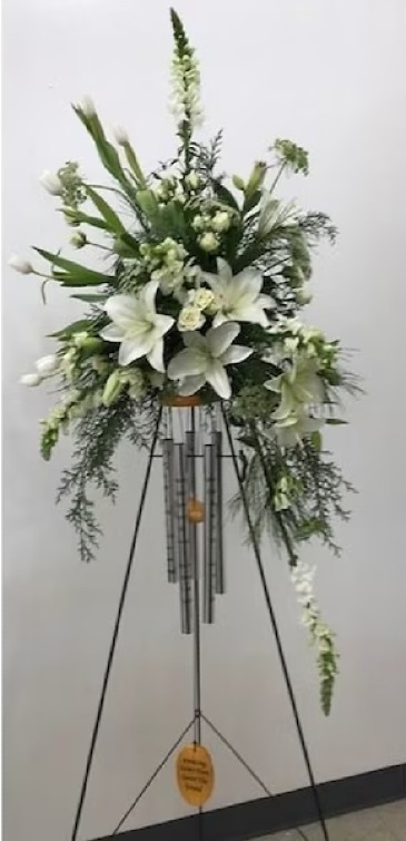 White Standing Spray with Windchime funeral arrangement in Hampstead, NC | Surf City Florist
