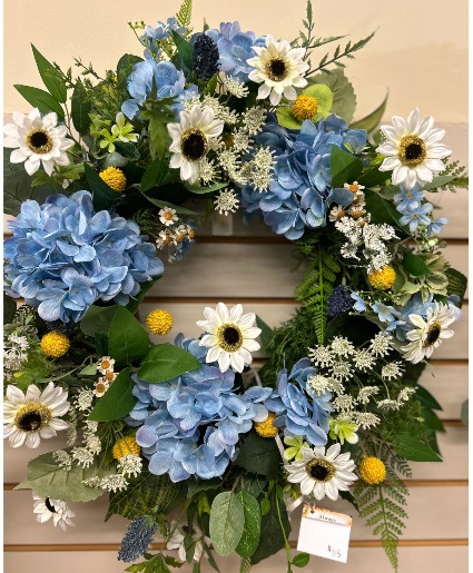 White sunflower Blue hydrangea Wreath 