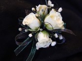 White Sweetheart Roses with Black Ribbon Corsage
