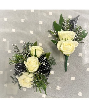 White Sweethearts w/ Black/Silver Corsage & Boutonniere Set