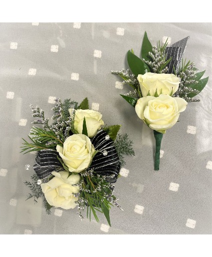 White Sweethearts w/ Black/Silver Corsage & Boutonniere Set