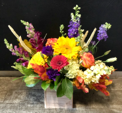 White Washed Box of Fall Style Upscale Flowers Arranged To Perfection