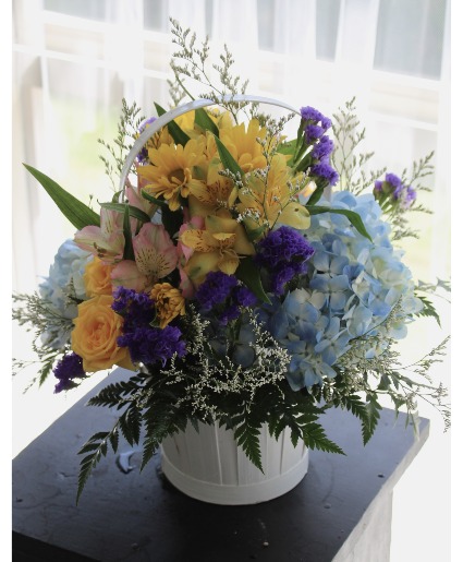 White Wooden Basket of Love Arrangement