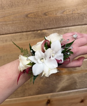 Wine & White Corsage