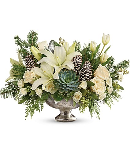 Winter Wilds Centerpiece  Teleflora's Mercury glass bowl