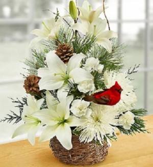Wintertime Birds Nest of Flowers Basket