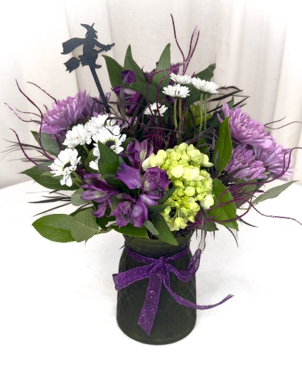 Witchy Woman on her Broom Designer's Choice / Vase / Flowers Vary