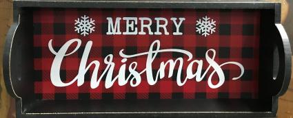 Wooden Buffalo Plaid Merry Christmas Tray 