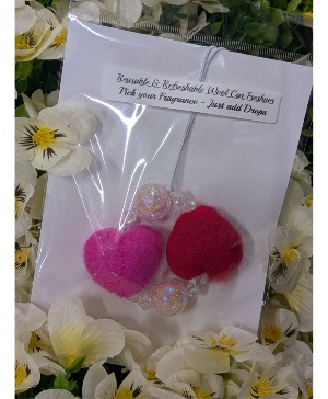 Rear view Wooly Valentine Car Charm Diffuser ORDER THROUGH ADD-ON MENU. $50.00 MINIMUM ORDER FOR DELIVERY