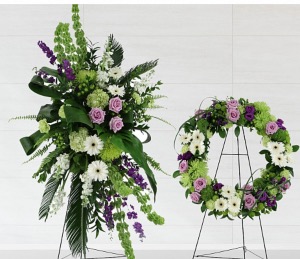Wreath and spray in green & purples & whites  Wreath and spray 