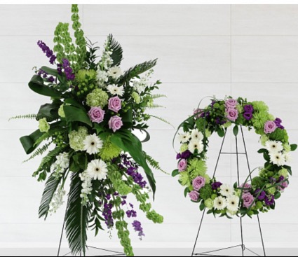 Wreath and spray in green & purples & whites  Wreath and spray 