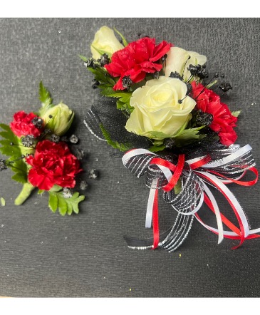 Wrist corsage & boutonnière  Prom sets in Angola, IN | HALSEY'S COUNTRY FLOWERS