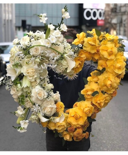 Yellow and White Open Heart Wreath Funeral/Sympathy Florals