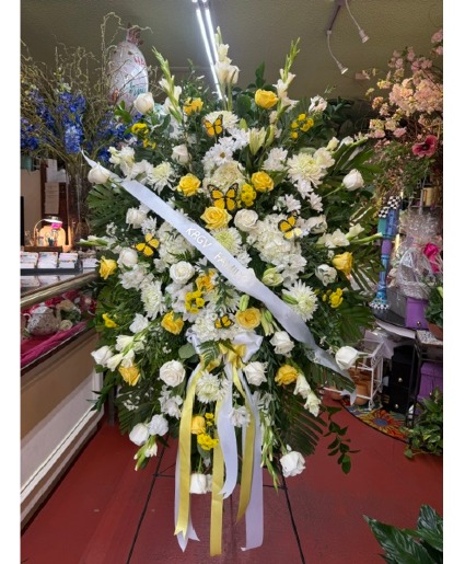Yellow and White Sympathy Standing Spray Standing Spray