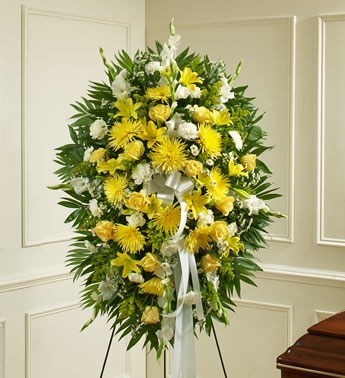 Yellow and White Sympathy Standing Spray Funeral Flowers