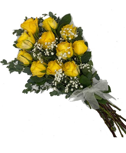 Yellow Dozen Wrapped Roses Cello and ribbon