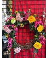 Yellow  & Pink Round Grapevine Wreath
