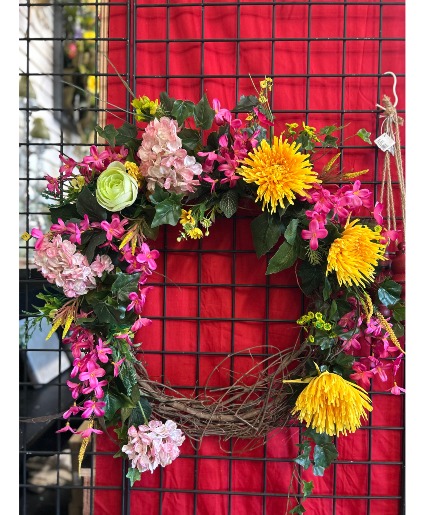 Yellow  & Pink Round Grapevine Wreath