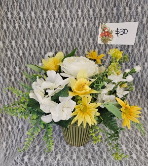 Yellow & White Silk Flowers in Ceramic Dish 
