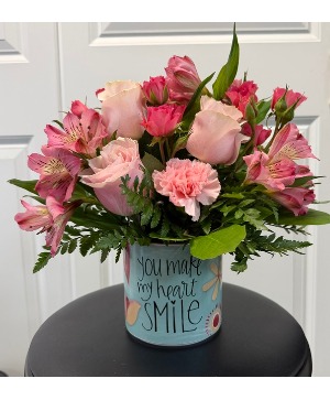 You Make My Heart Smile All around arrangement in a ceramic container