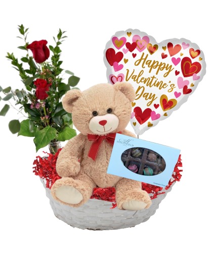 You're So Sweet Valentine!! Basket - Bud vase, Chocolate, Mylar, Plush