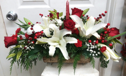 Yule Log of Lilies Winter Arrangement